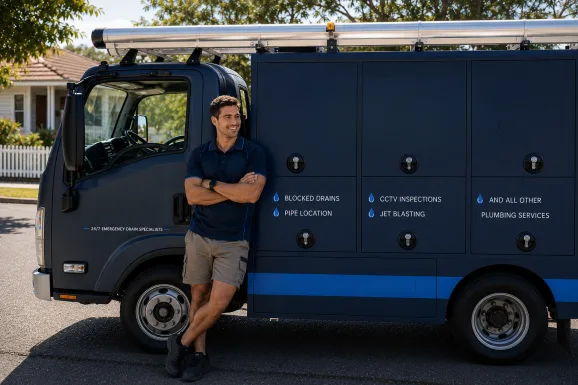 Plumber standing beside a service van in Allawah